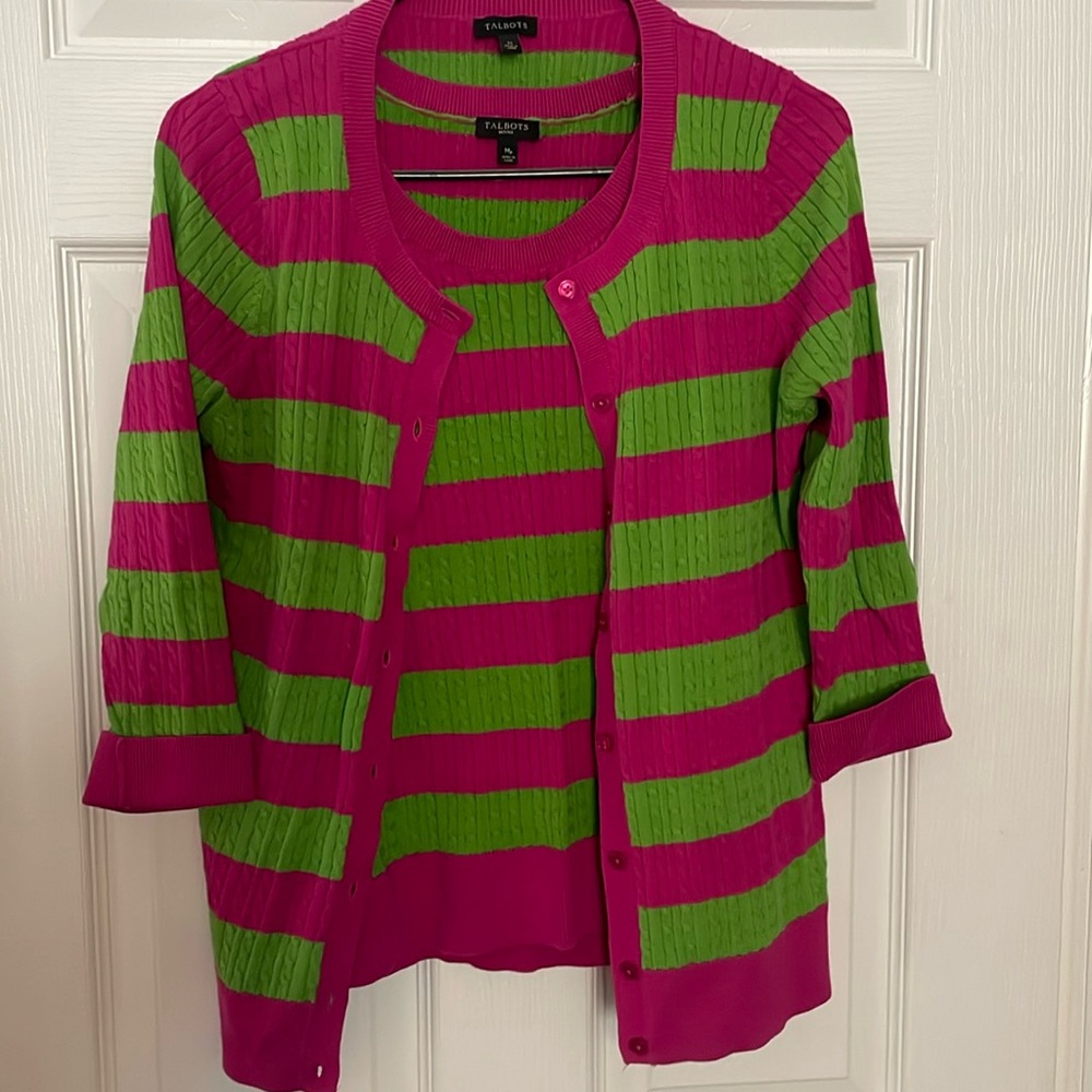 Talbots Pink & green tank with quarter sleeve cardigan set